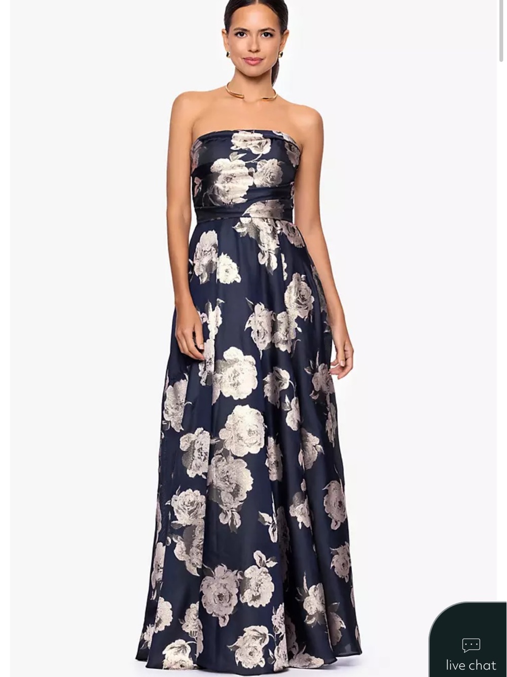 David's Bridal Navy Blue Maxi Dress with Silver Floral Jacquard